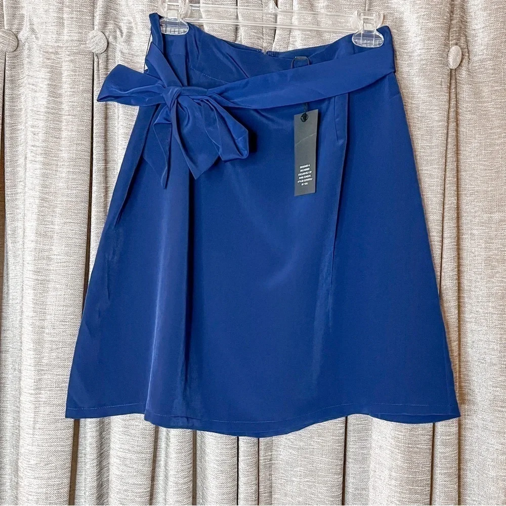 NWT Paris Sunday Blue Faux Tie Waist A Line Mini Skirt Size 8